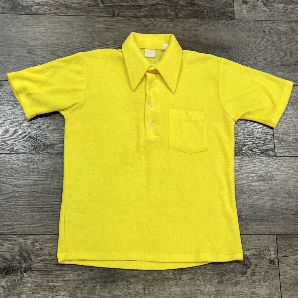 Vintage 60s Terry Cloth Polo Shirt Yellow Mod Point Collar California Surf - M